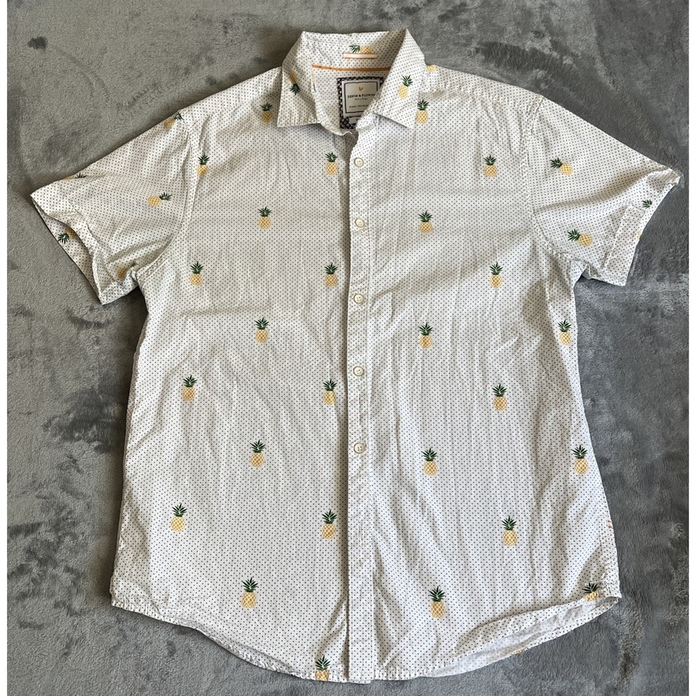 Denim & Flower Men's‎ Button Shirt Pineapple Slim Fit Size Medium White
